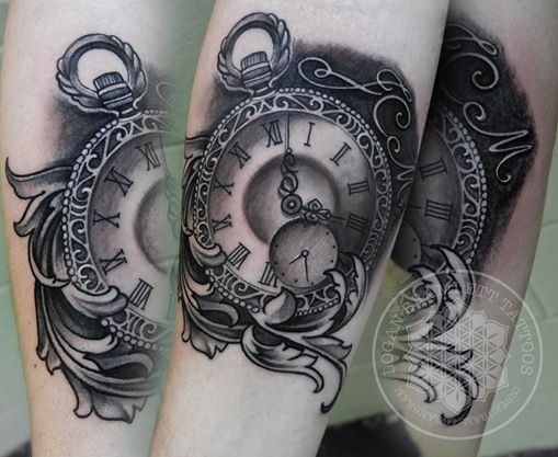 Amazing Black And Grey Pocket Watch Tattoo On Forearm