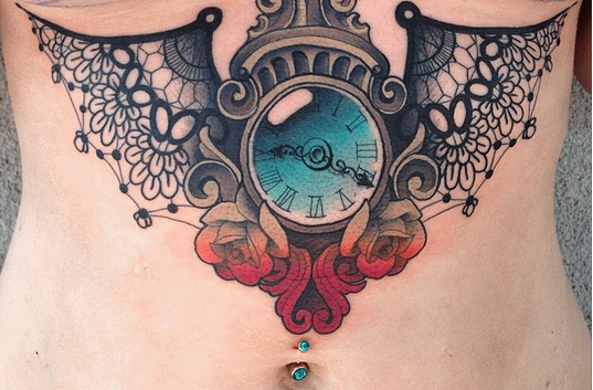 Amazing Colorful Clock With Wings Tattoo On Under Breast