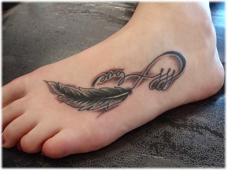 Amazing Infinity Feather Tattoo On Foot