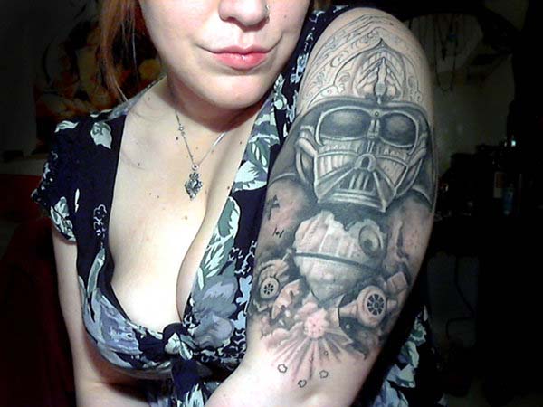 Amazing Star War Darth Vader Head Tattoo On Girl Half Sleeve