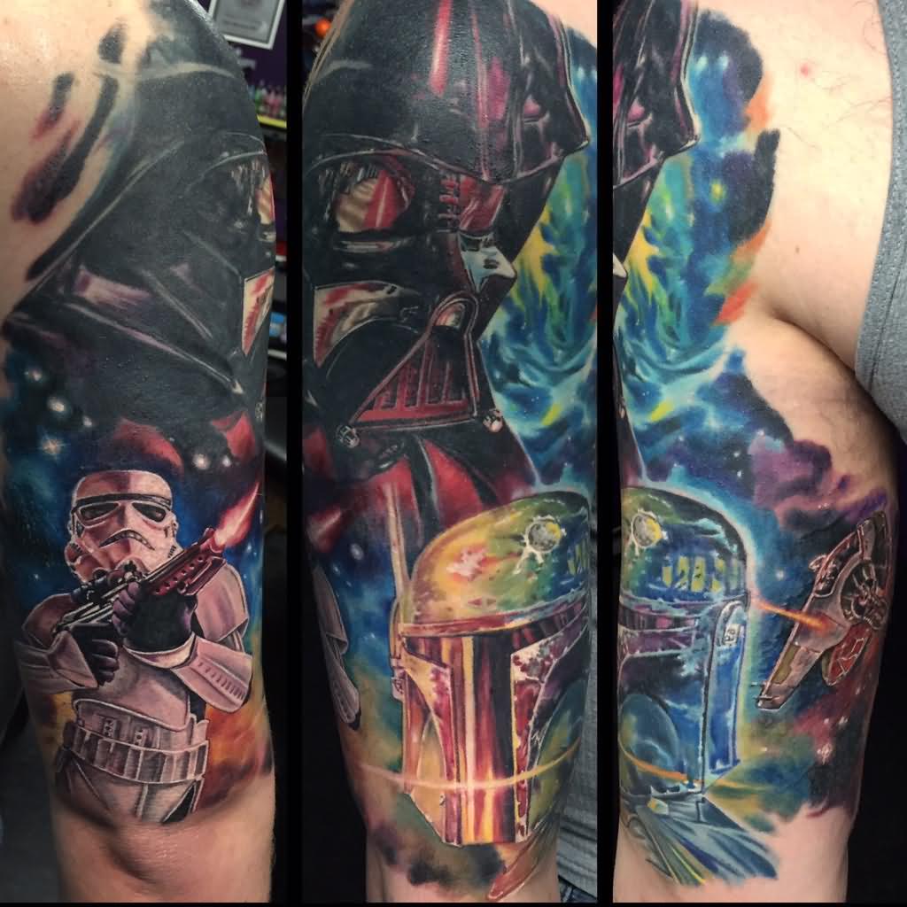 Amazing Star War Fighting Scene Tattoo On Half Sleeve
