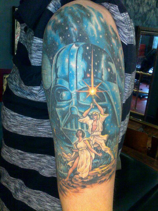 Amazing Star War Tattoo On Left Half Sleeve