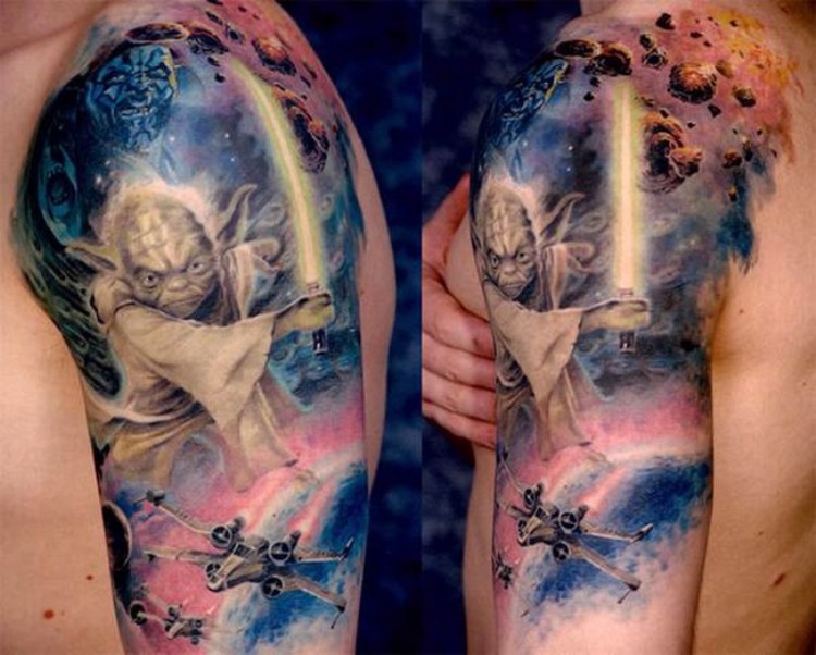 Amazing Star War Yoda With Lightsaber Tattoo On Left Shoulder