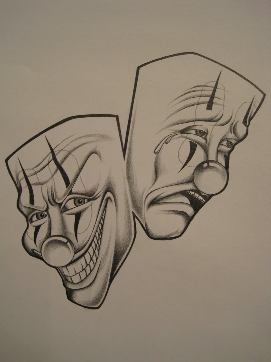 Amazing Two Clown Mask Tattoo Design