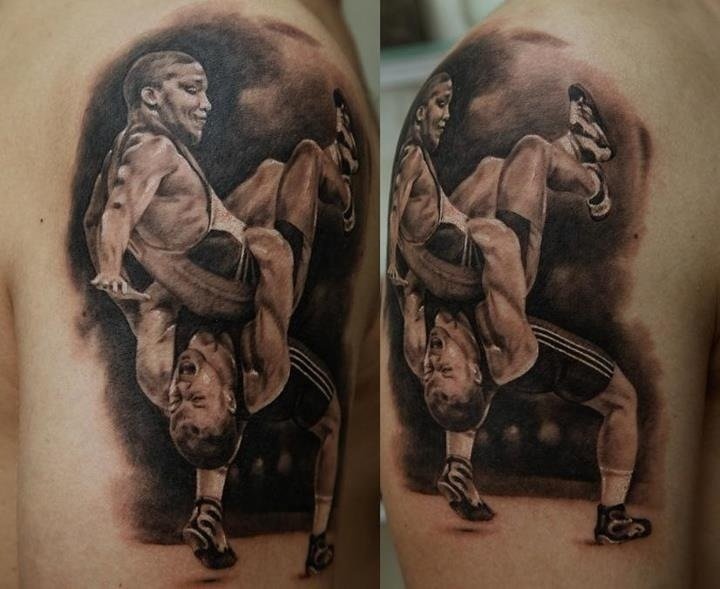 Amazing Wrestling Scene Tattoo On Shoulder By Dmitriy Samohin