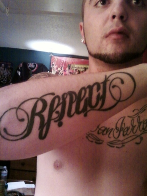 Ambigram Loyalty Respect Tattoo On Man Right Arm Sleeve