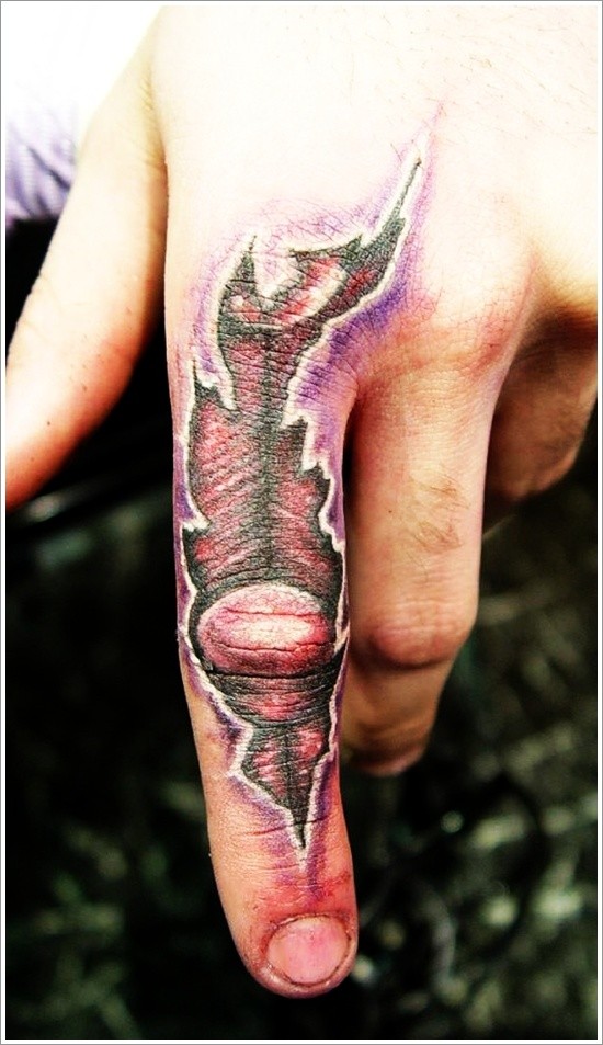Attractive Ripped Skin Muscle Tattoo On Finger