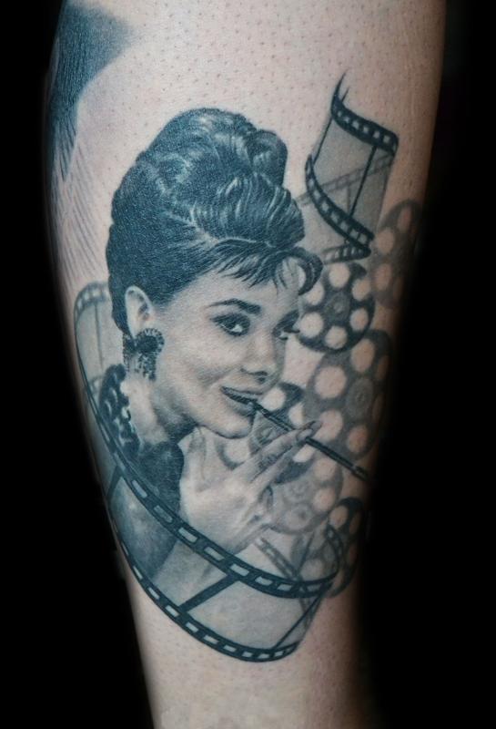 Audrey Hepburn With Movie Camera Reel Tattoo Design