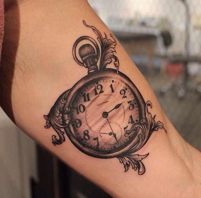 Awesome 3D Pocket Watch Tattoo On Bicep