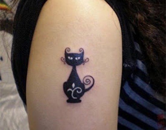 Awesome Black Ink Cat Tattoo On Right Shoulder