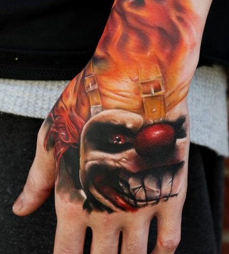 Awesome Clown Head Tattoo On Hand By Ryan Cotterman