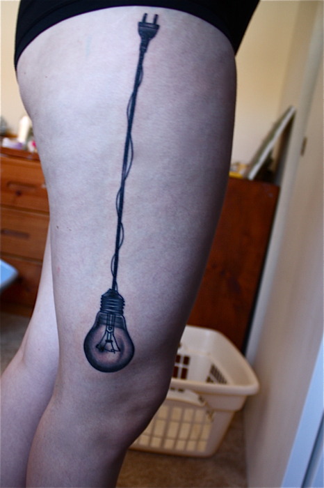 Awesome Grey Wire Light Bulb Tattoo On Side Leg
