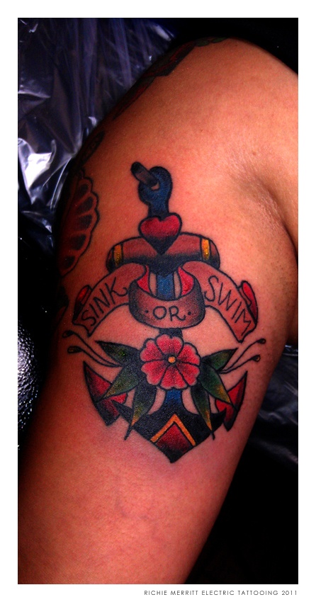 Banner And Traditional Anchor Tattoo On Leg