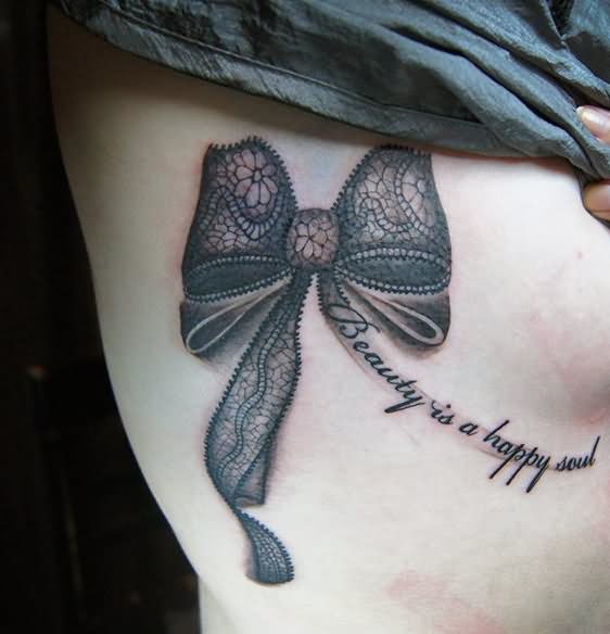 Beauity Is A Happy Saul - Black Ink Lace Bow Tattoo Design For Under Breast