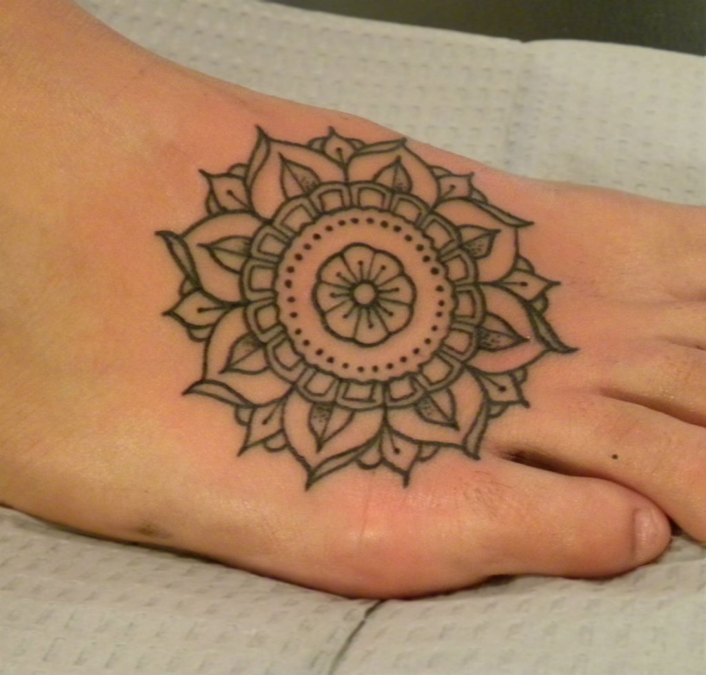 Beautiful Black Mandala Flower Tattoo On Foot