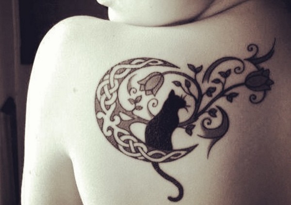 Beautiful Celtic Moon And Black Cat Tattoo On Left Back Shoulder