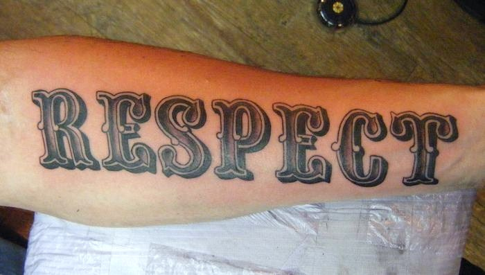 Beautiful Grey And Black Ink Respect Tattoo On Forearm