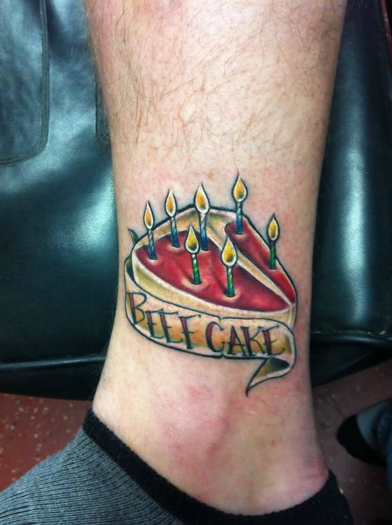 Beef Cake With Banner Tattoo Design For Leg