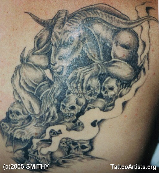 Black And Gery Goat With Skull Tattoo Design
