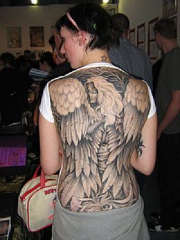 Black And Grey Angel Tattoo On Girl Full Back