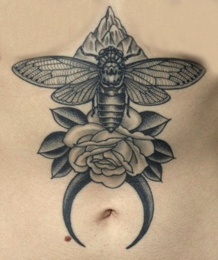 Black And Grey Beetle With Rose Tattoo On Under Breast