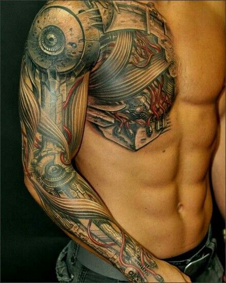 Black And Grey Biomechanical Muscle Tattoo On Man Right Full Sleeve
