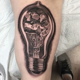 Black And Grey Bulb Tattoo On Sleeve