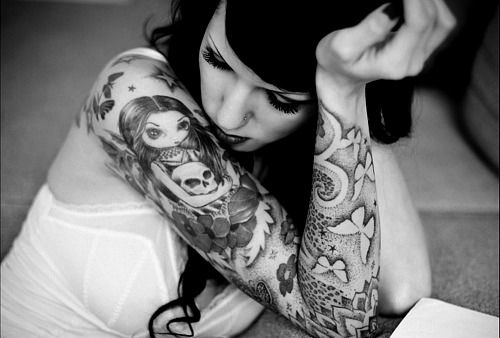 Black And Grey Butterflies And Nightmare Girl Tattoo On Full Sleeve