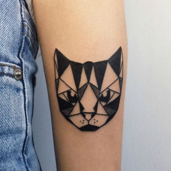 Black And Grey Cat Head Tattoo On Arm