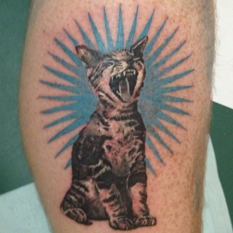 Black And Grey Cat Tattoo On Leg For Men