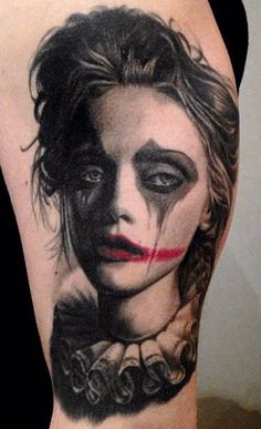 Black And Grey Clown Girl Head Tattoo Design
