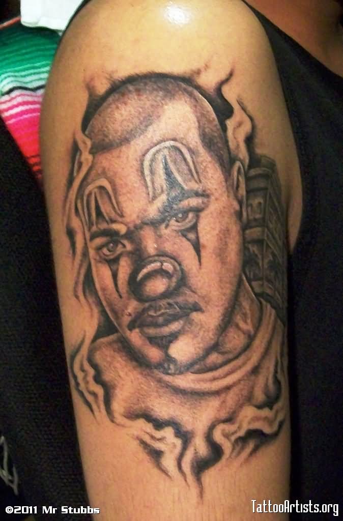 Black And Grey Clown Tattoo On Right Shoulder