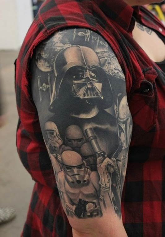Black And Grey Darth Vader Tattoo On Right Half Sleeve