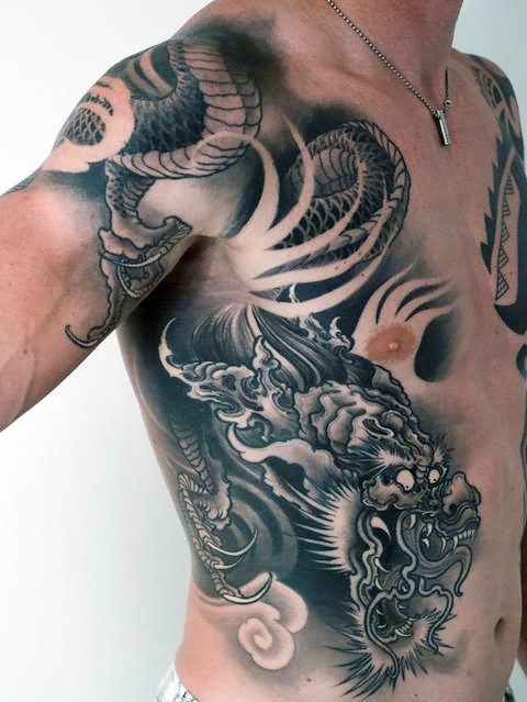 Black And Grey Dragon Tattoo On Man Full Body