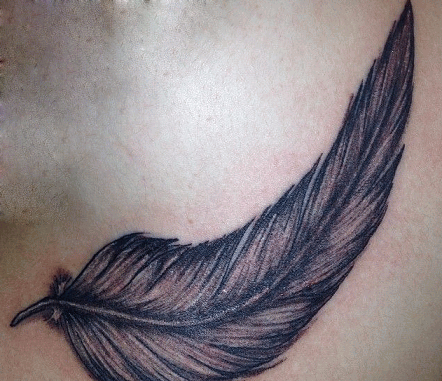 Black And Grey Feather Tattoo Design For Under Breast