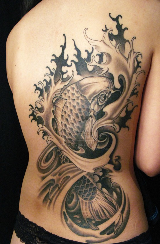 Black And Grey Fish Tattoo On Girl Back Body