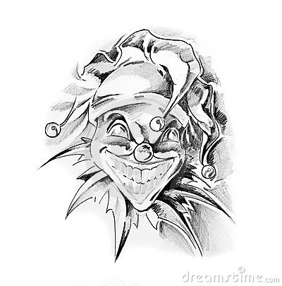 Black And Grey Laughing Clown Head Tattoo Design