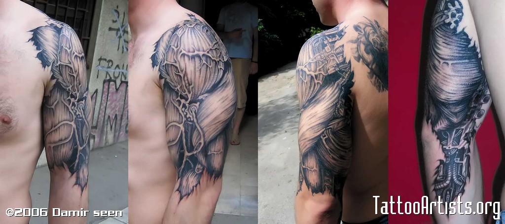 Black And Grey Ripped Skin Muscle Tattoo Design For Half Sleeve