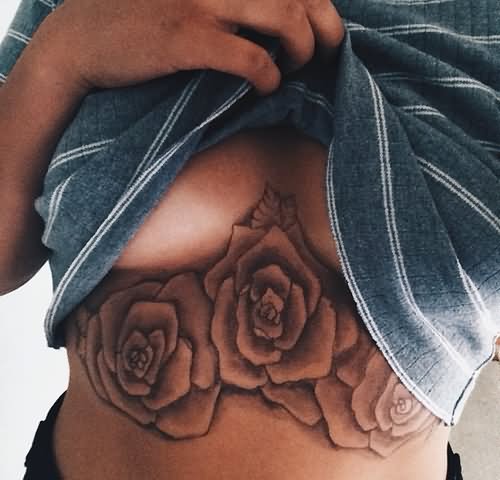 Black And Grey Three Roses Tattoo On Under Breast