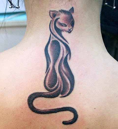 Black And Grey Tribal Cat Tattoo On Upper Back