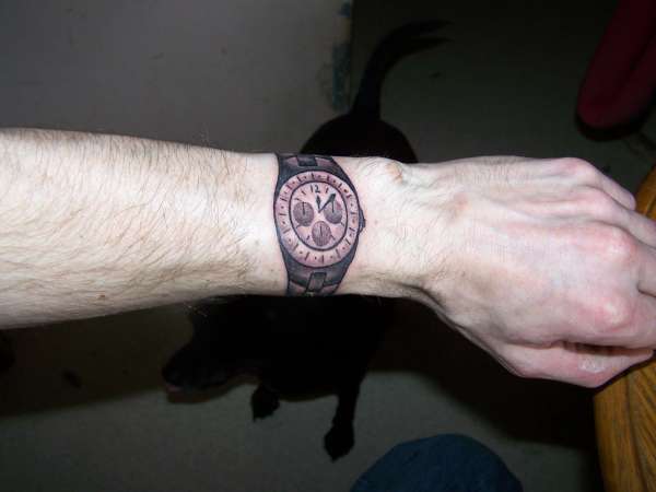 Black And Grey Wrist Watch Tattoo On Upper Wrist