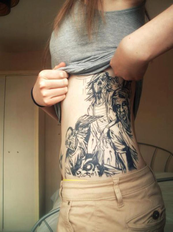 Black And Grey Zombie Tattoo On Girl Rib Side