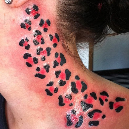 Black And Pink Cheetah Print Tattoos On Side Neck