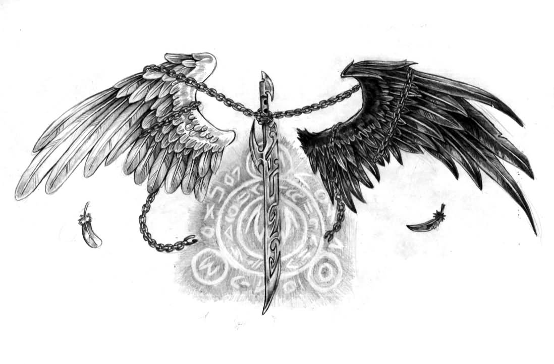 Black And White Angel Wings With Sword Tattoo Design