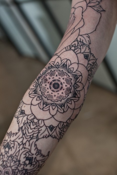 Black And White Flower Tattoo On Arm Sleeve