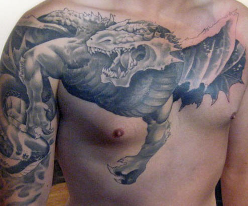 Black And White Flying Dragon Tattoo On Chest For Men