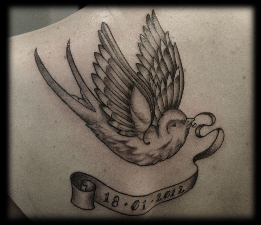 Black And White Flying Swallow With Banner Tattoo Design On Left Back Shoulder