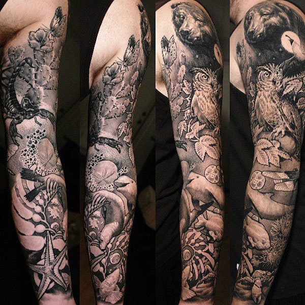 Black And White Forest Tattoo On Full Sleeve by Sergio Sanchez