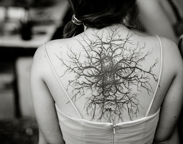 Black And White Forest Tree Tattoo On Upper Back