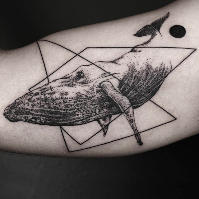 Black And White Geometric Animal Tattoo On Bicep